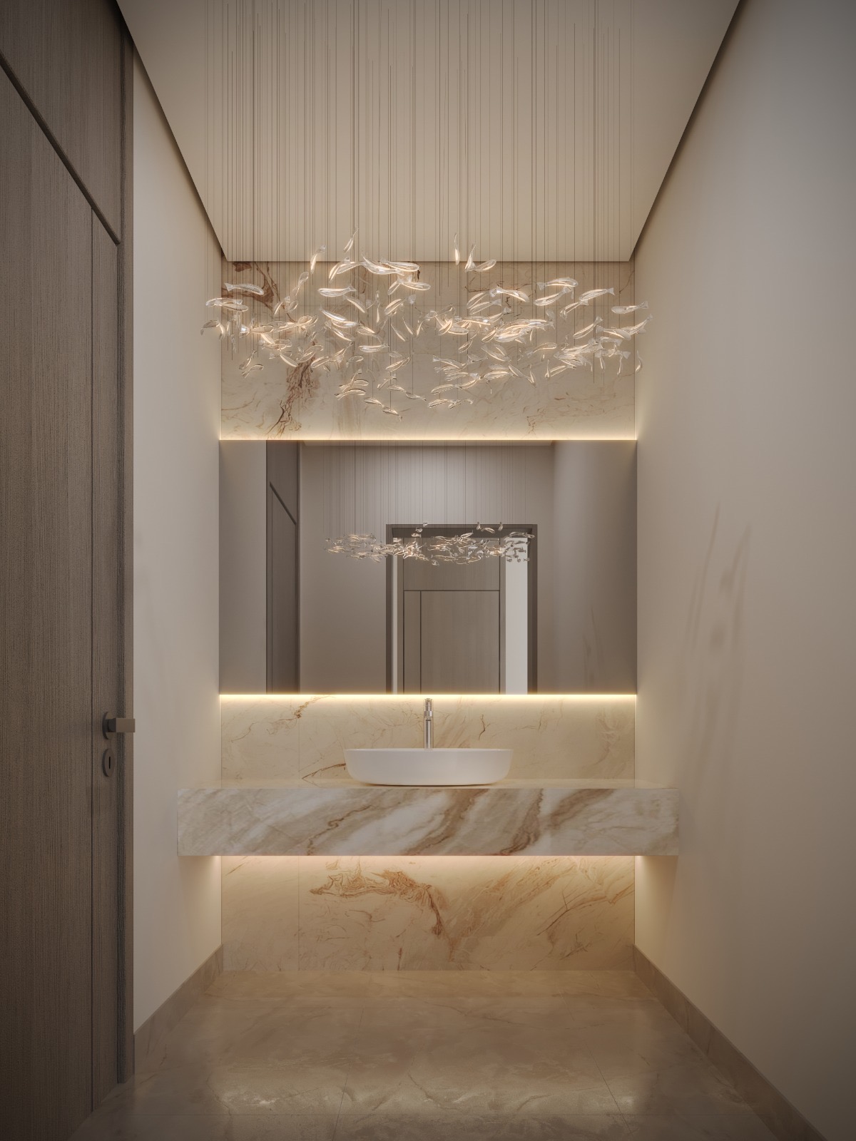 دورة مياه بتصميم عصري وثريا فنية مميزة